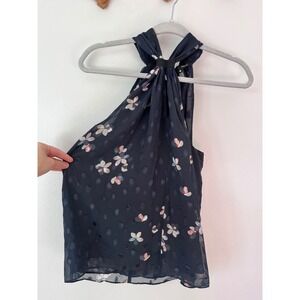 AQUA Navy Floral Print Hi Neck Zip Back Sleeveless Top Women's Size S